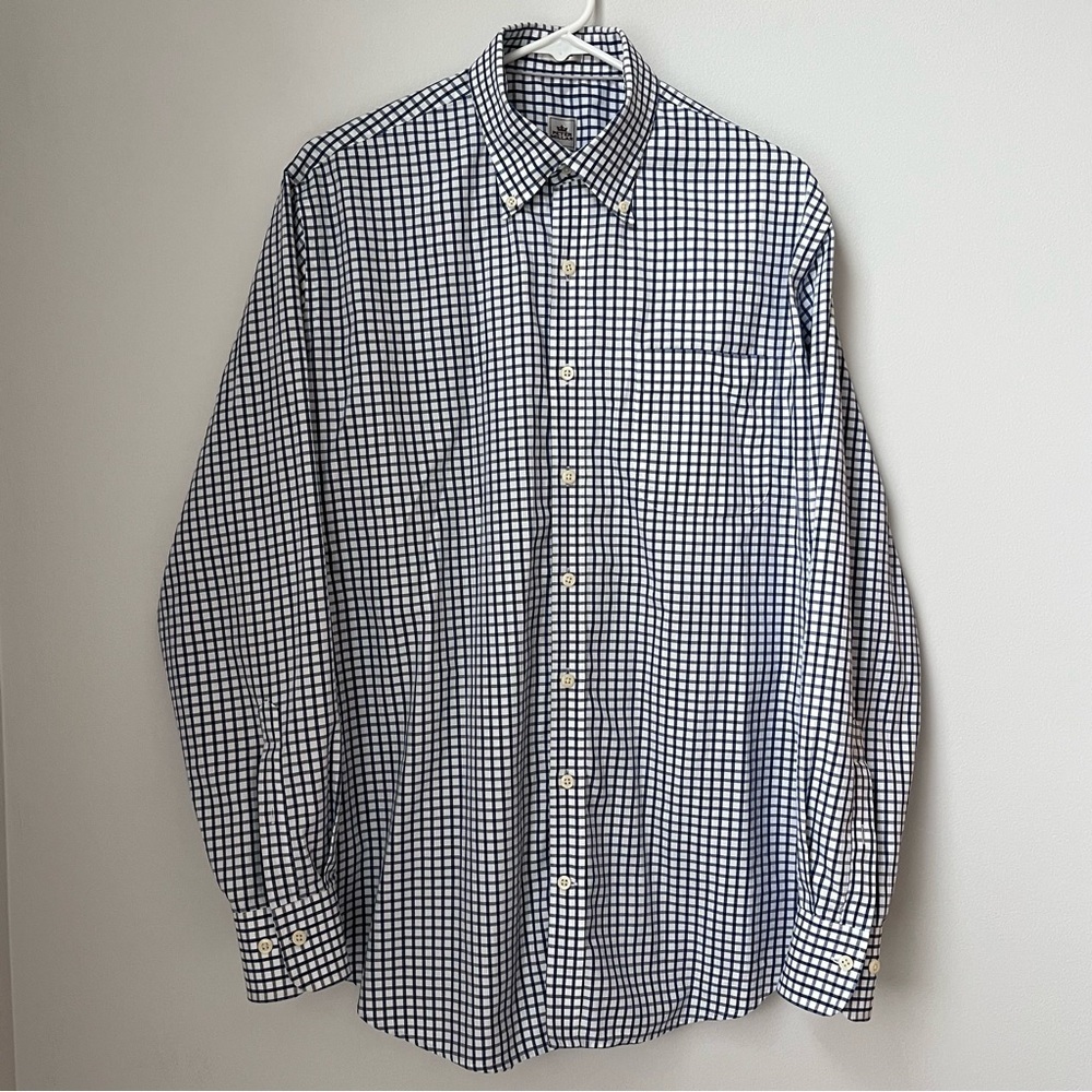 Peter Millar Men’s Blue & White Checkered Nanoluxe Button down Shirt Size Large